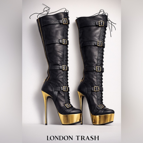 London Trash Contigo Black Gold Platform Thigh High Boots Women’s 8 | Buckle - Picture 1 of 13